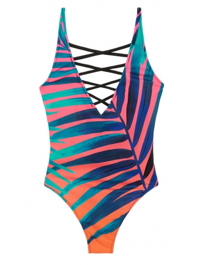 Купальник Victoria's Secret PINK Strappy Front High Leg One-Piece, пальмовий принт