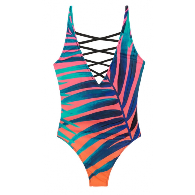 Купальник Victoria's Secret PINK Strappy Front High Leg One-Piece, пальмовий принт