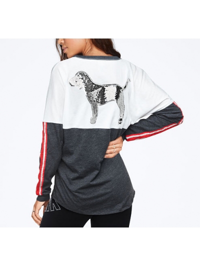 Світшот з вишивкою паєтками Sequin Bling Varsity V-Neck Long Sleeve Tee