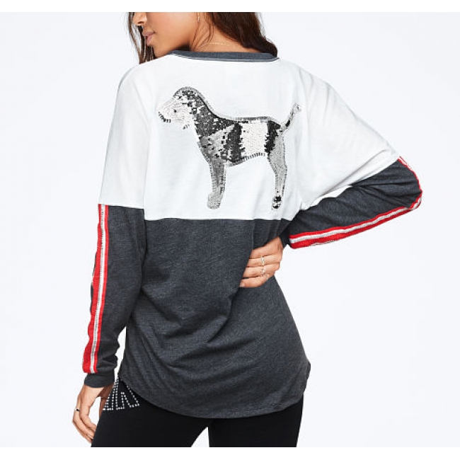 Світшот з вишивкою паєтками Sequin Bling Varsity V-Neck Long Sleeve Tee