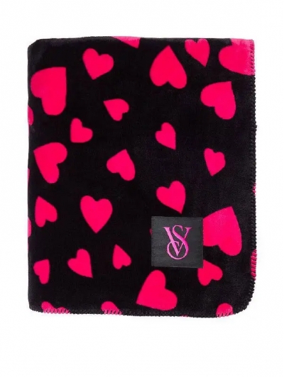 Плед VICTORIA'S SECRET Sherpa Blanket, Чорний з серцями