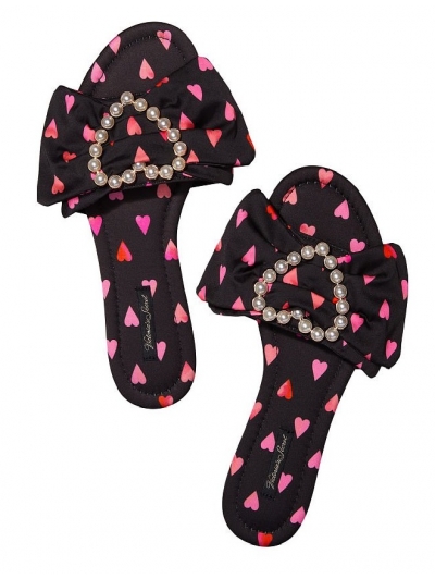 Тапочки Victoria's Secret Embellished Satin Bow Slide, чорні із сердечками