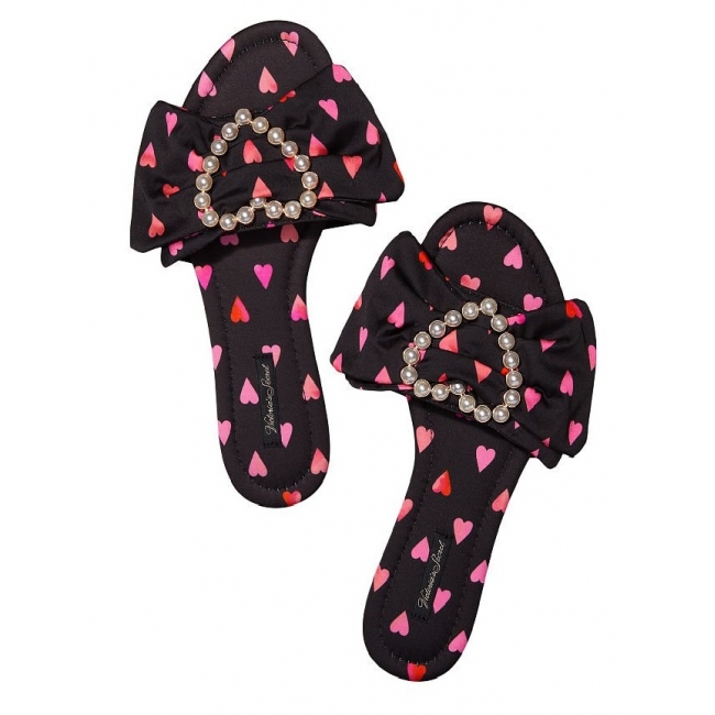 Тапочки Victoria's Secret Embellished Satin Bow Slide, чорні із сердечками